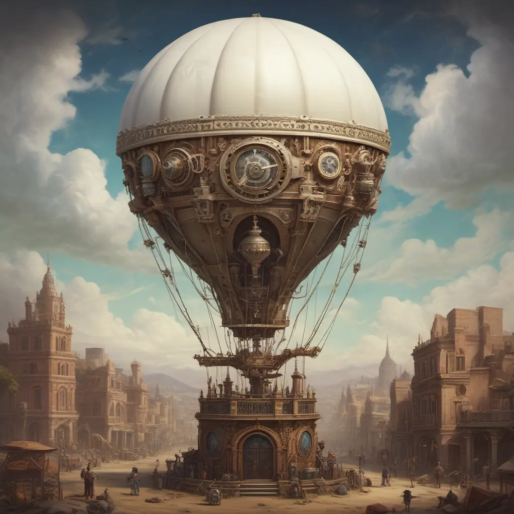 White steampunk hot air balloon with gears, Victorian style Ancient buildings, archeological ruins of lost civilizations and technology, Steampunk, Iridescence by Greg Rutkowski