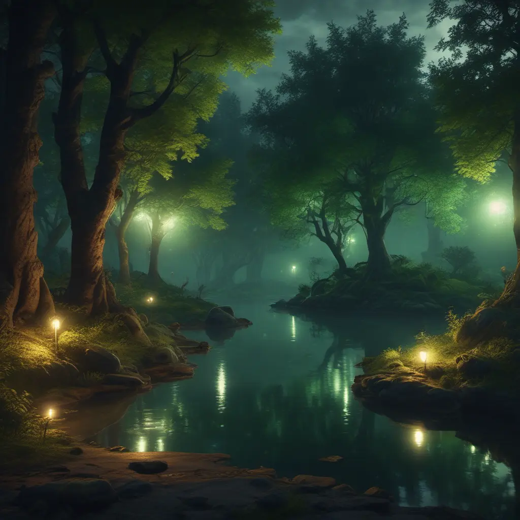 A magical pond in a fantasy forest with glowing green trees at night, 4k, HQ, Intricate, Artstation, Cinematic Lighting, Photo Realistic, Sharp Focus, Unreal Engine, Dark