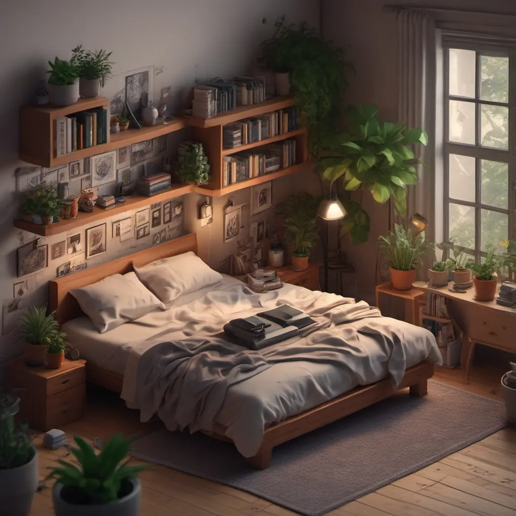 isometric render, messy nostalgic bedroom with a gaming pc, windows, plants bookshelves, desk, 8k, Behance, Dynamic Lighting, Concept Art, 3D art, Muted