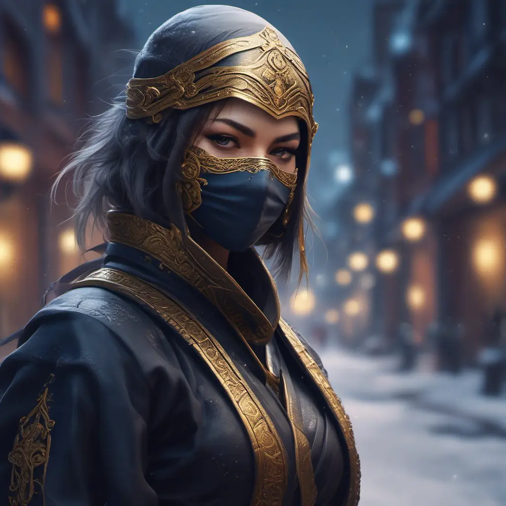 Wallpaper of a mysterious beautiful masked kunoichi ninja wearing eyeliner and gold jewelry in the streets of a dark snowy town in moscow, fluid motion, 8k, Intricate Details, Trending on Artstation, Beautiful, Stunning, Centered by Stanley Artgerm Lau, WLOP