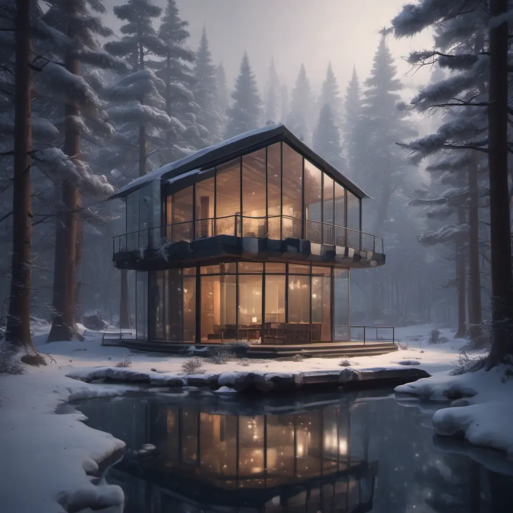 Grand futuristic glass cabin in the woods surrounded by a lake in winter, Atmospheric, Highly Detailed, Intricate, Trending on Artstation, Stunning, Realistic, Unreal Engine, Dynamic Lighting, Radiant, Fantasy by Greg Rutkowski