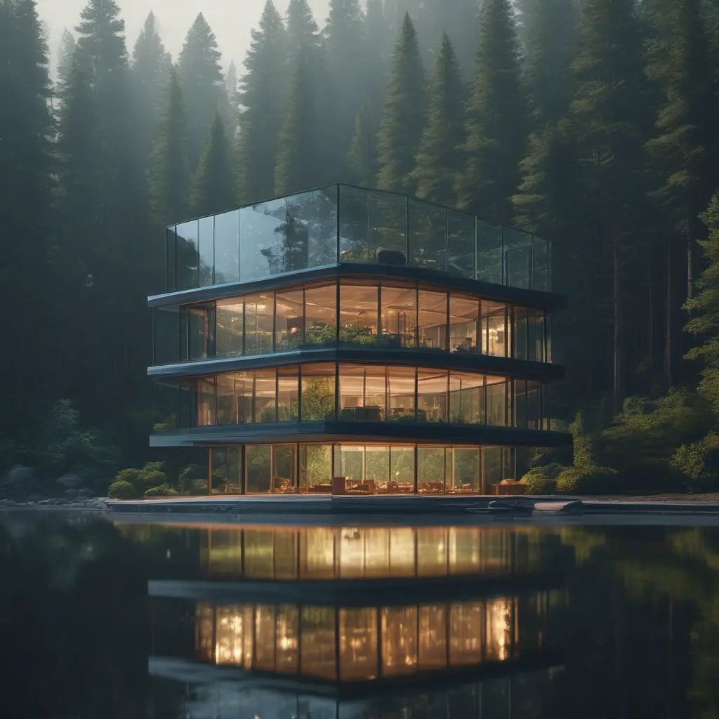 Beautiful futuristic architectural glass house in the forest on a large lake, 8k, Award-Winning, Highly Detailed, Beautiful, Epic, Octane Render, Unreal Engine, Radiant, Volumetric Lighting by Michael Eastman