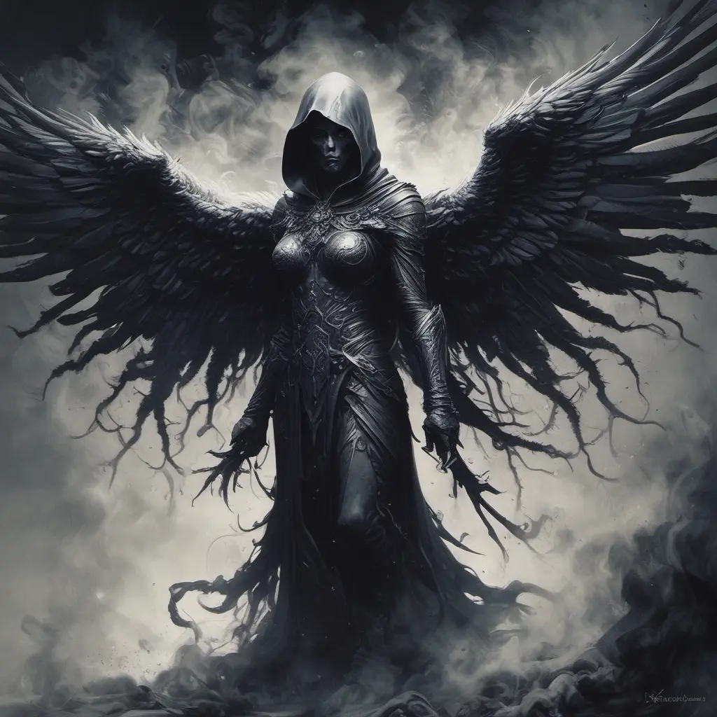 Hooded Angel of Death emerging from the fog of war, ink splash, Highly Detailed, Vibrant Colors, Ink Art, Fantasy, Dark by Stanley Artgerm Lau