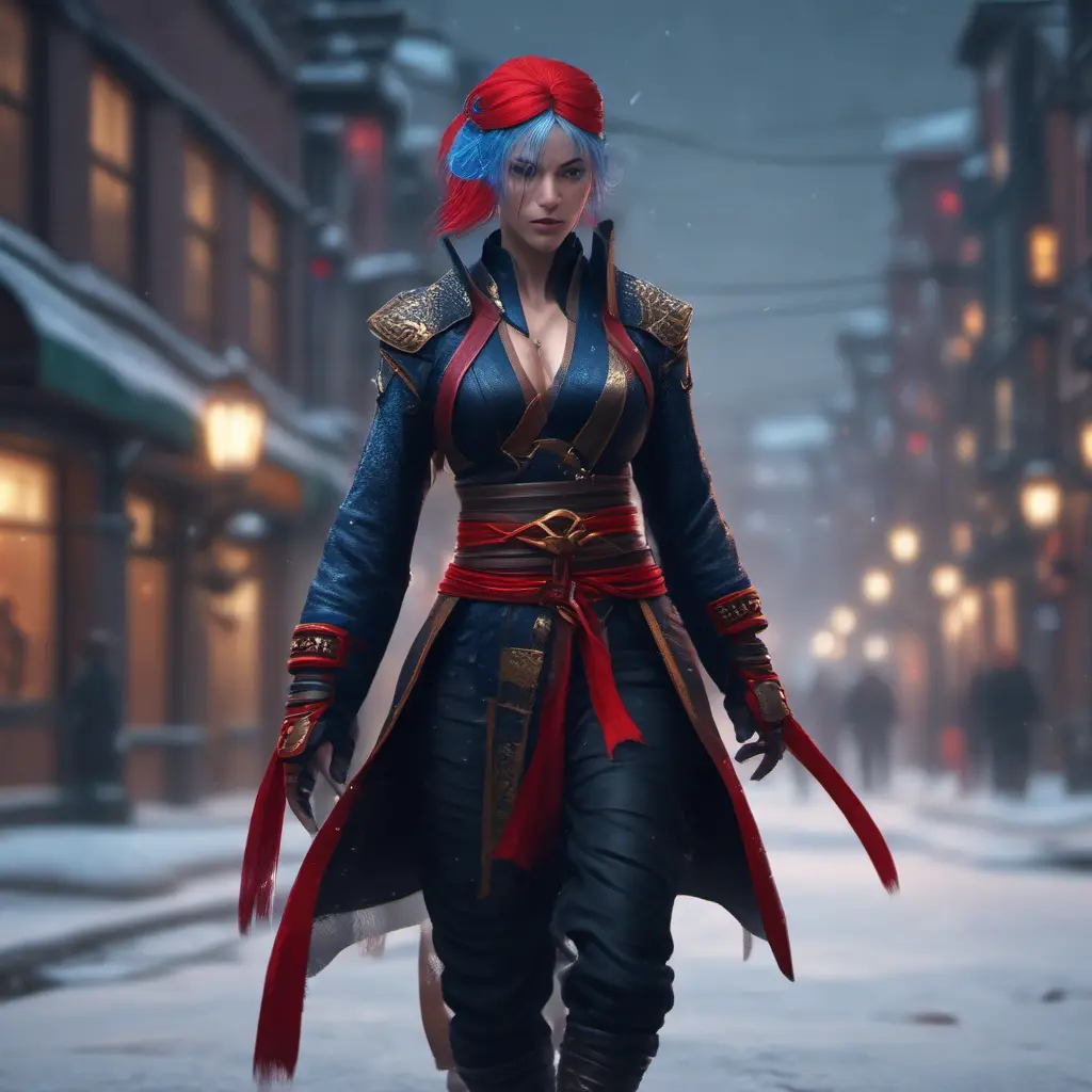 Mysterious beautiful kunoichi ninja with blue hair wearing black, red, and gold jewelry in the streets of a dark snowy town in russia, 8k, Intricate Details, Trending on Artstation, Red Hair by Stanley Artgerm Lau, WLOP