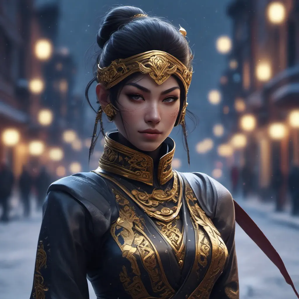 Wallpaper of a mysterious beautiful masked kunoichi ninja wearing eyeliner and gold jewelry in the streets of a dark snowy town in moscow, fluid motion, 8k, Intricate Details, Trending on Artstation, Beautiful, Stunning, Centered by Stanley Artgerm Lau, WLOP