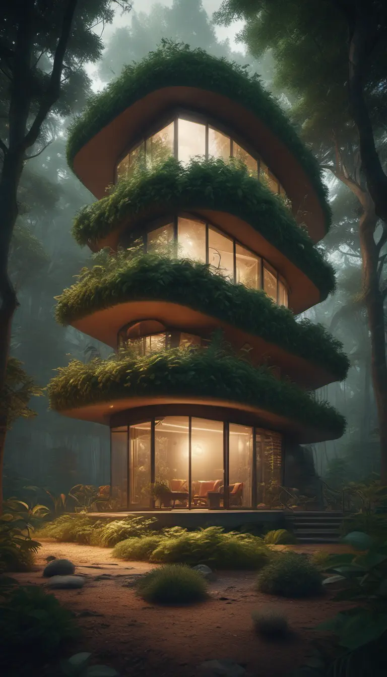 Beautiful futuristic organic house made from imaginary plants in a forest, 8k, Award-Winning, Highly Detailed, Beautiful, Epic, Octane Render, Unreal Engine, Radiant, Volumetric Lighting by WLOP