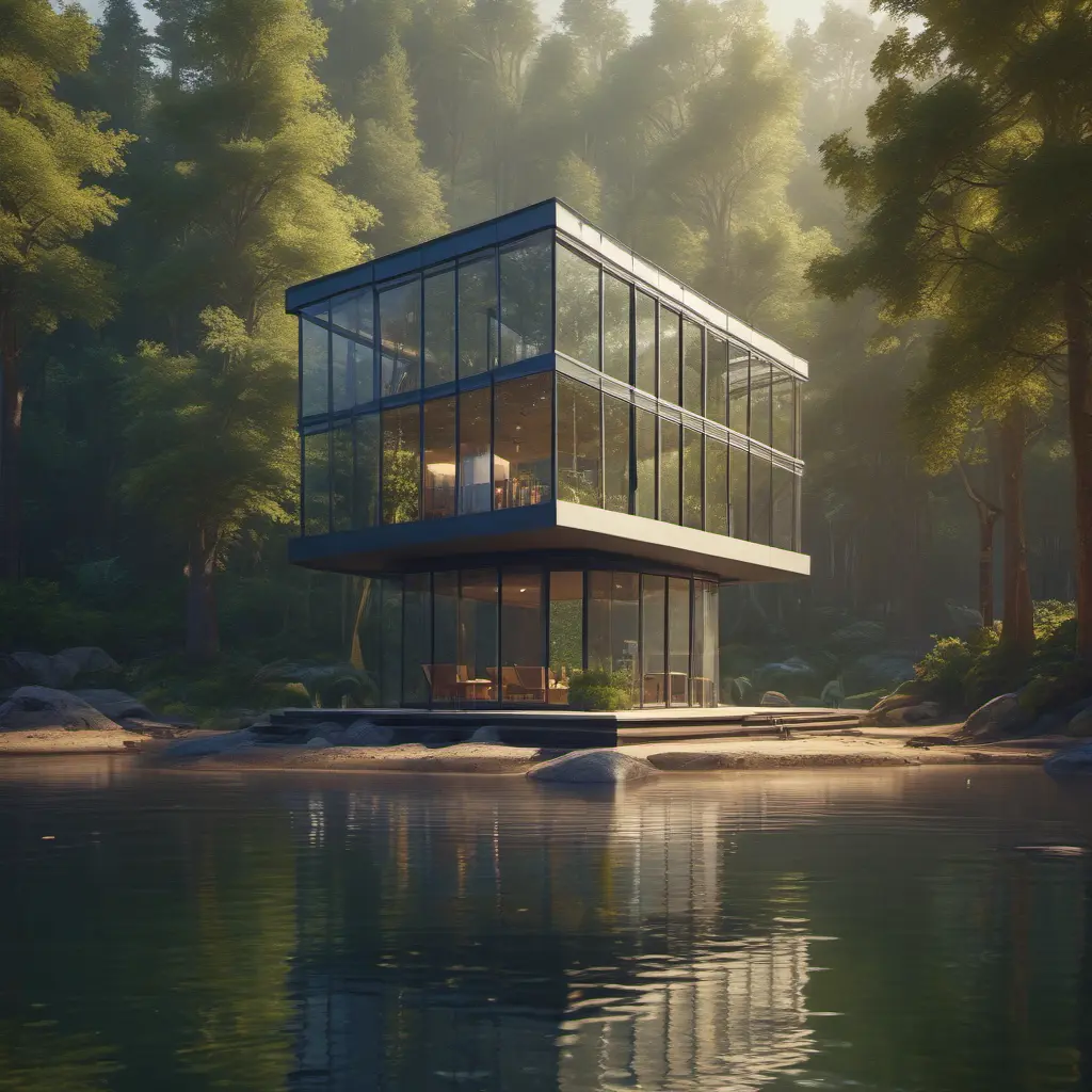 Beautiful futuristic architectural glass house in the forest on a large lake, 8k, Award-Winning, Highly Detailed, Beautiful, Epic, Octane Render, Unreal Engine, Radiant, Volumetric Lighting by Leonid Afremov