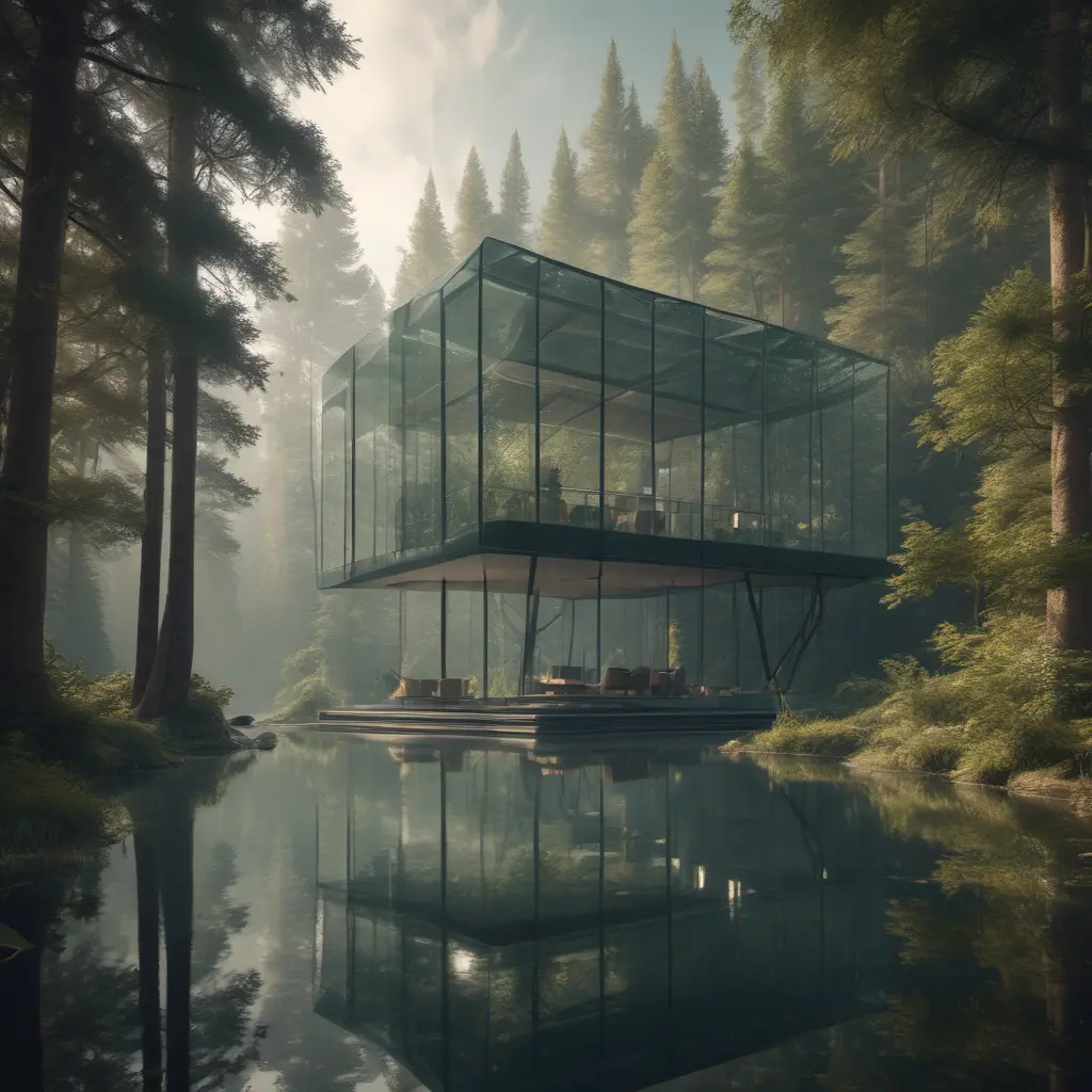 Beautiful futuristic architectural glass house in the forest on a large lake, 8k, Award-Winning, Highly Detailed, Beautiful, Epic, Octane Render, Unreal Engine, Radiant, Volumetric Lighting by Michael Eastman