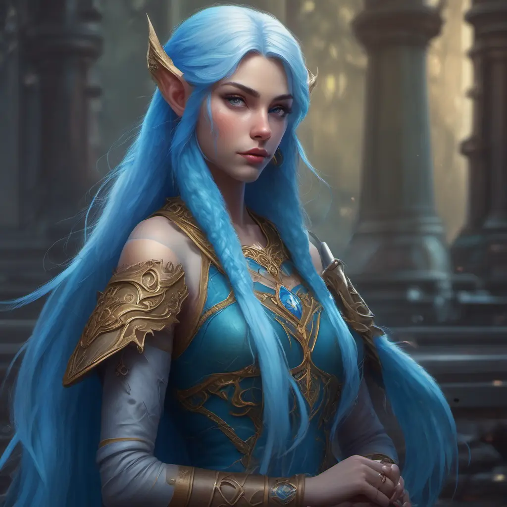 D&D concept art of gorgeous elven woman with blue hair in the style of Stefan Kostic, 8k, High Definition, Highly Detailed, Intricate, Half Body, Realistic, Sharp Focus, Fantasy, Elegant by Stanley Artgerm Lau, Luis Ricardo Falero