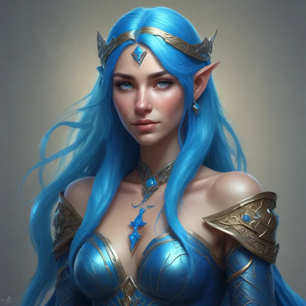 D&D concept art of gorgeous elven woman with blue hair in the style of Stefan Kostic, 8k, High Definition, Highly Detailed, Intricate, Half Body, Realistic, Sharp Focus, Fantasy, Elegant by Stanley Artgerm Lau, Luis Ricardo Falero