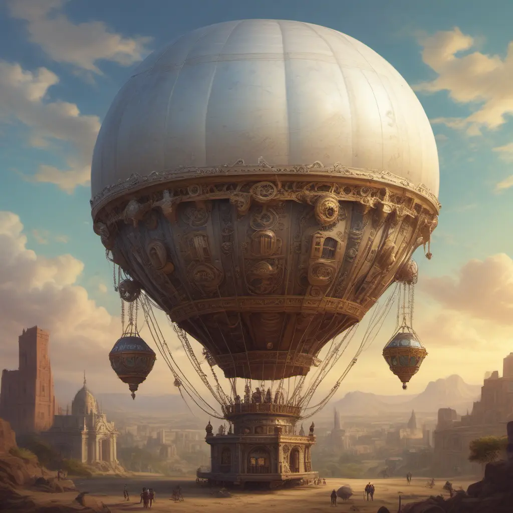 White steampunk hot air balloon with gears, Victorian style Ancient buildings, archeological ruins of lost civilizations and technology, Steampunk, Iridescence by Greg Rutkowski