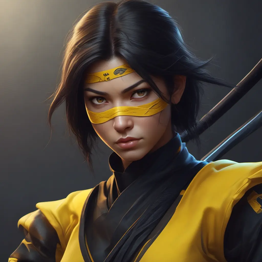 Matte portrait of a beautiful Kunoichi Ninja in black and yellow, 8k, Highly Detailed, Intricate, Realistic, Sharp Focus, Volumetric Lighting, Fantasy, Elegant by Stanley Artgerm Lau, WLOP, Stefan Kostic