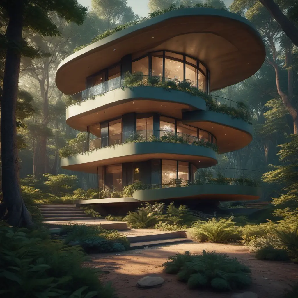 Beautiful futuristic organic house made from imaginary plants in a forest, 8k, Award-Winning, Highly Detailed, Beautiful, Epic, Octane Render, Unreal Engine, Radiant, Volumetric Lighting by Greg Rutkowski