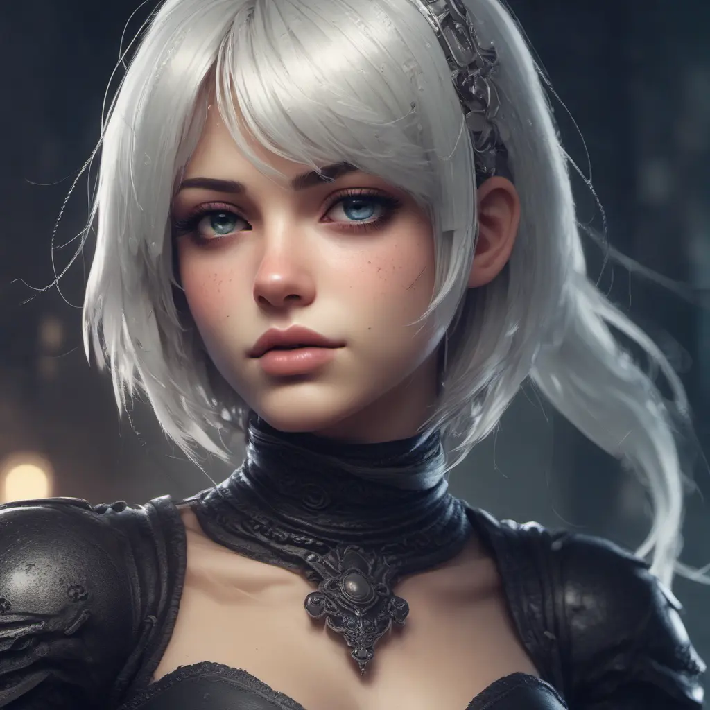 Alluring highly detailed matte portrait of a beautiful A2 from Nier Automata with shimmering hair in the style of Stefan Kostic, 8k, High Definition, Highly Detailed, Intricate, Half Body, Realistic, Sharp Focus, Fantasy, Elegant