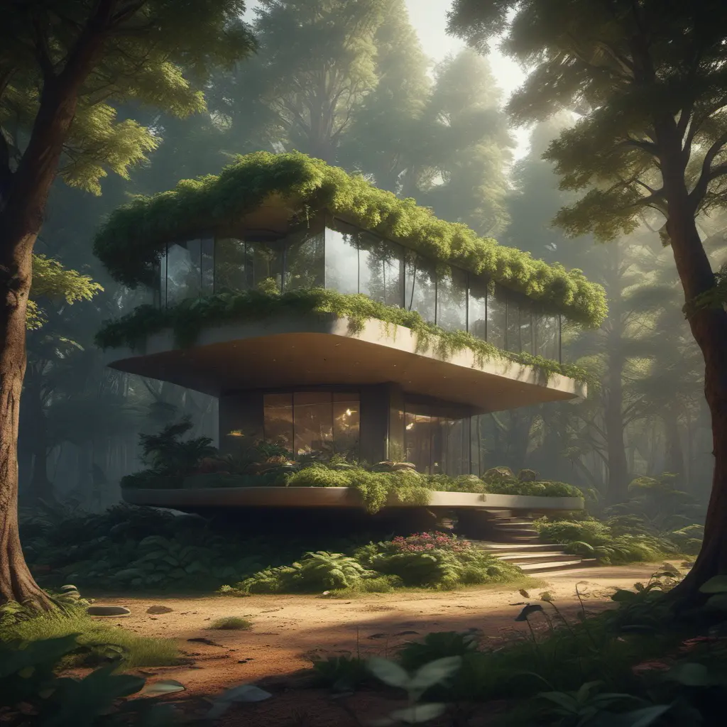 Beautiful futuristic organic house made from imaginary plants in a forest, 8k, Award-Winning, Highly Detailed, Beautiful, Epic, Octane Render, Unreal Engine, Radiant, Volumetric Lighting by Greg Rutkowski