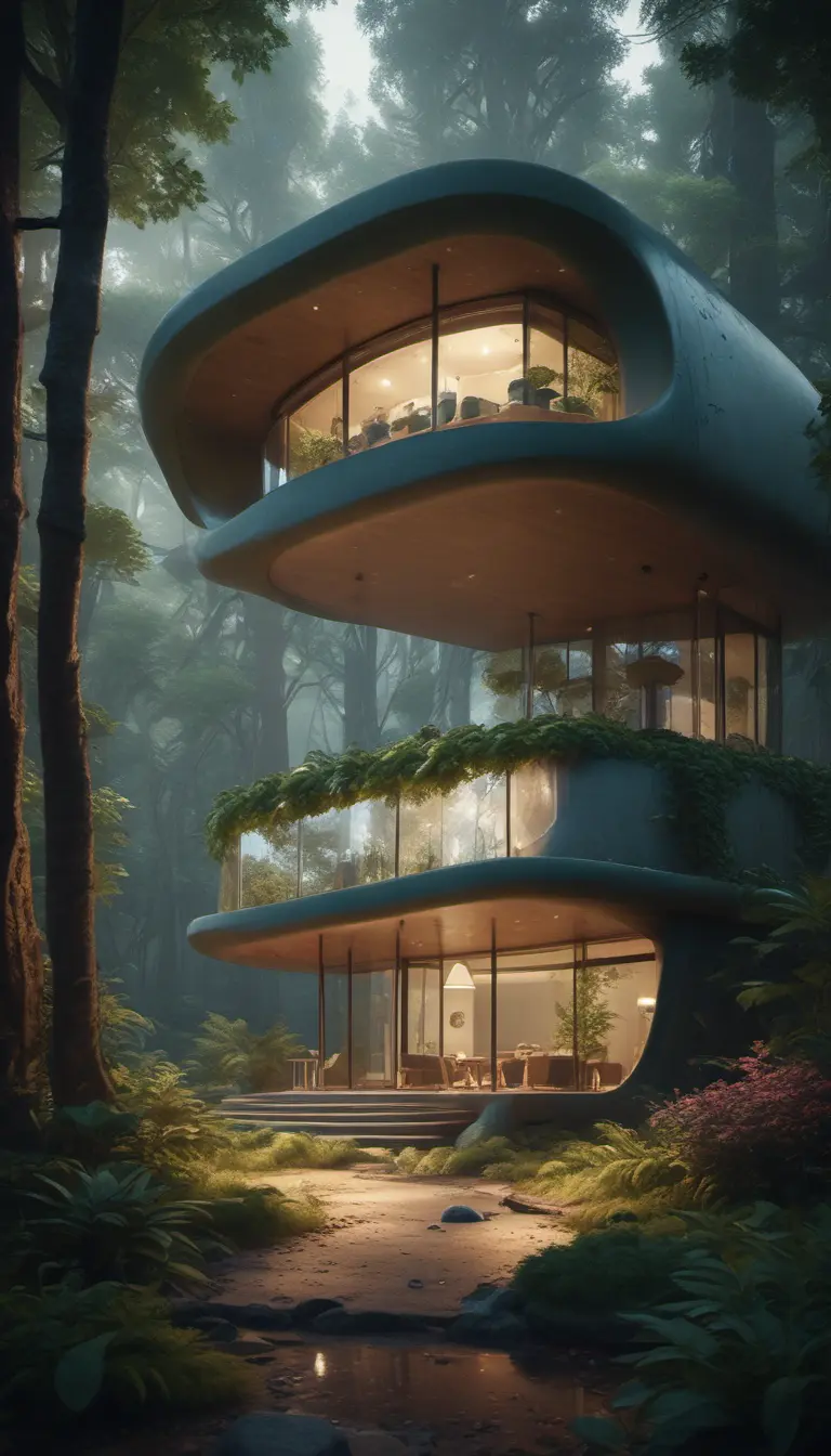 Beautiful futuristic organic house made from imaginary plants in a forest, 8k, Award-Winning, Highly Detailed, Beautiful, Epic, Octane Render, Unreal Engine, Radiant, Volumetric Lighting by WLOP