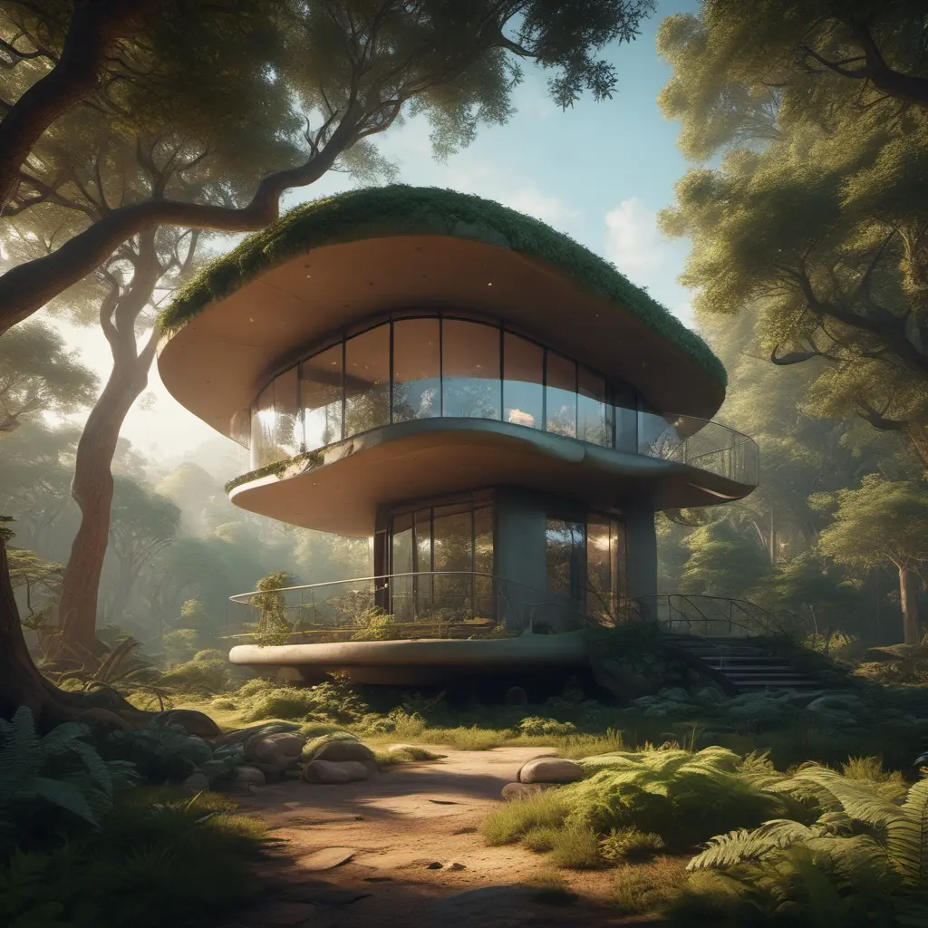 Beautiful futuristic organic house made from imaginary plants in a forest, 8k, Award-Winning, Highly Detailed, Beautiful, Epic, Octane Render, Unreal Engine, Radiant, Volumetric Lighting by Greg Rutkowski