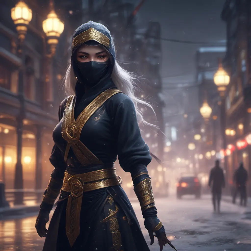 Wallpaper of a mysterious beautiful masked kunoichi ninja wearing eyeliner and gold jewelry in the streets of a dark snowy town in moscow, fluid motion, 8k, Intricate Details, Trending on Artstation, Beautiful, Stunning, Centered by Stanley Artgerm Lau, WLOP