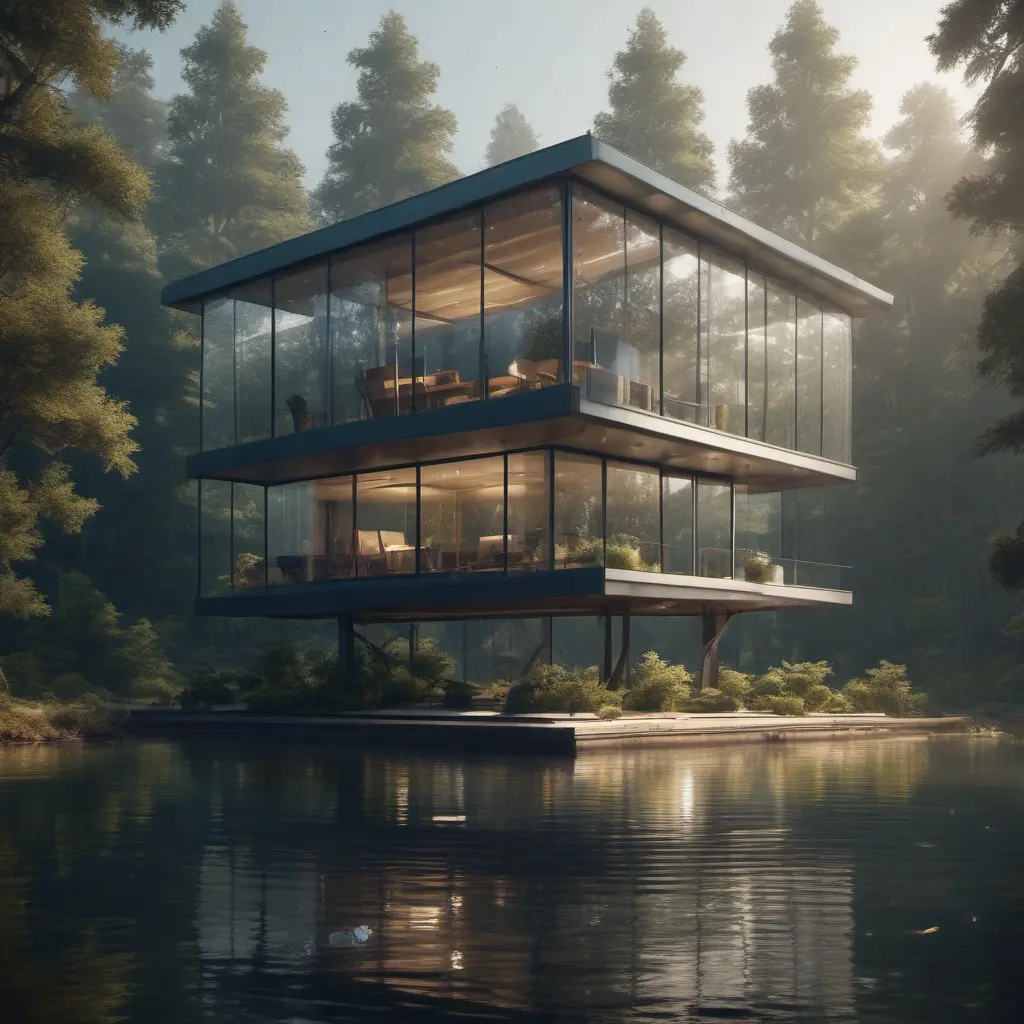 Beautiful futuristic architectural glass house in the forest on a large lake, 8k, Award-Winning, Highly Detailed, Beautiful, Epic, Octane Render, Unreal Engine, Radiant, Volumetric Lighting by Greg Rutkowski