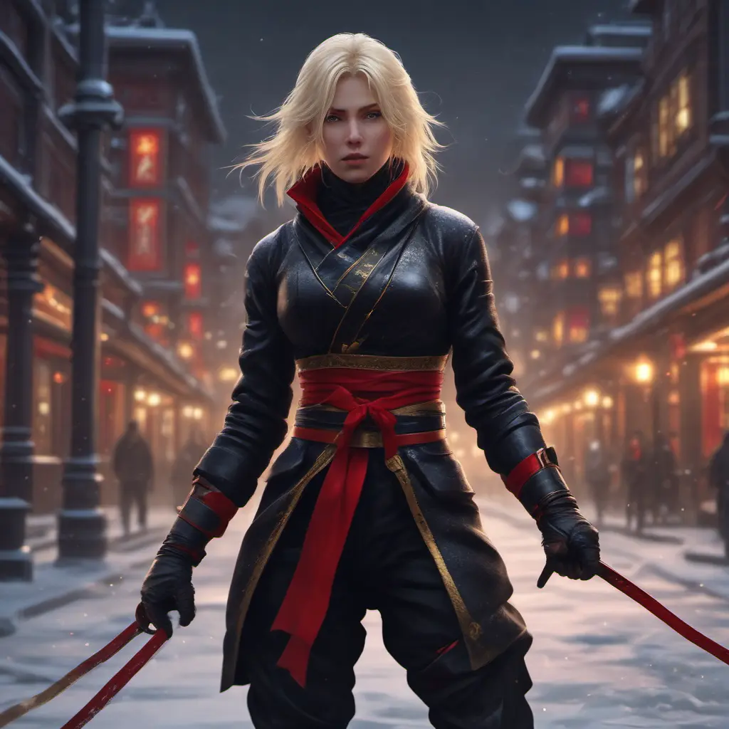 Mysterious beautiful kunoichi ninja wearing black, red and gold in the streets of a dark snowy town in russia, 8k, Intricate Details, Trending on Artstation, Blonde Hair by Stanley Artgerm Lau, WLOP