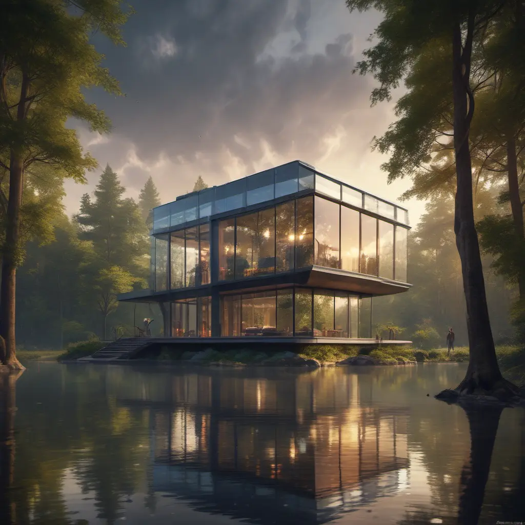 Beautiful futuristic architectural glass house in the forest on a large lake, 8k, Award-Winning, Highly Detailed, Beautiful, Epic, Octane Render, Unreal Engine, Radiant, Volumetric Lighting by Leonid Afremov