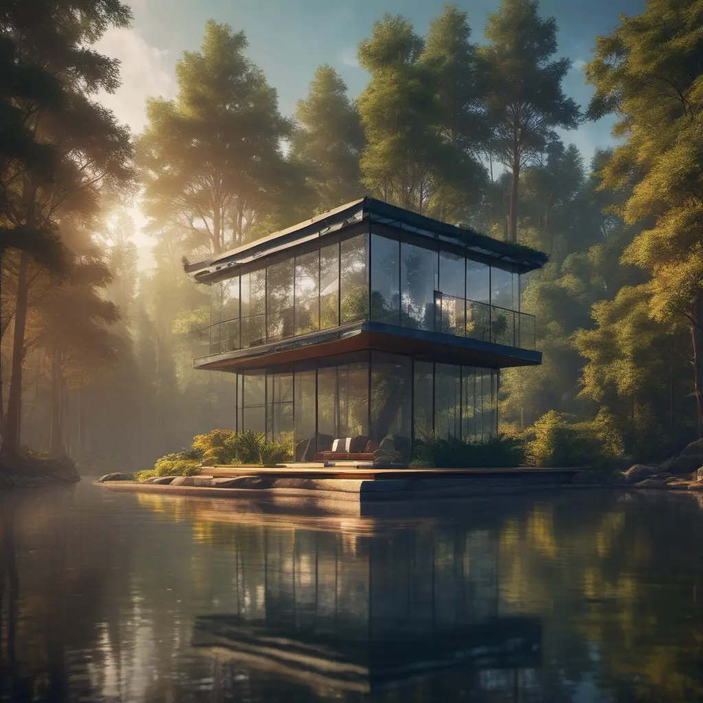 Beautiful futuristic architectural glass house in the forest on a large lake, 8k, Award-Winning, Highly Detailed, Beautiful, Epic, Octane Render, Unreal Engine, Radiant, Volumetric Lighting by Leonid Afremov