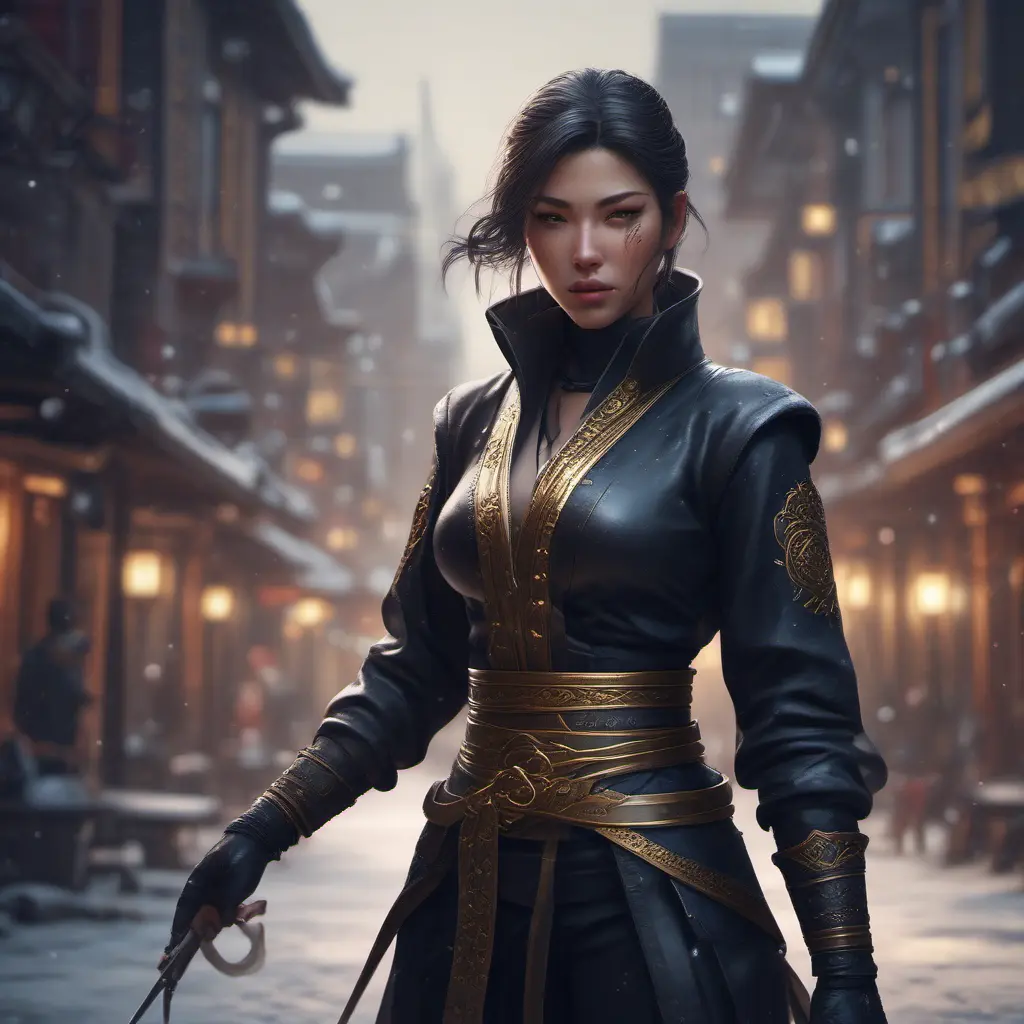 Mysterious beautiful armed kunoichi ninja wearing eyeliner and gold jewelry in the streets of a dark snowy town, 8k, Intricate Details, Trending on Artstation, Beautiful, Stunning, Centered by Stanley Artgerm Lau, WLOP