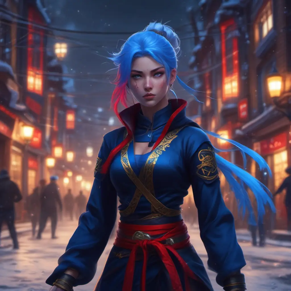 Mysterious beautiful kunoichi ninja with blue hair wearing black, red, and gold jewelry in the streets of a dark snowy town in russia, 8k, Intricate Details, Trending on Artstation, Red Hair by Stanley Artgerm Lau, WLOP