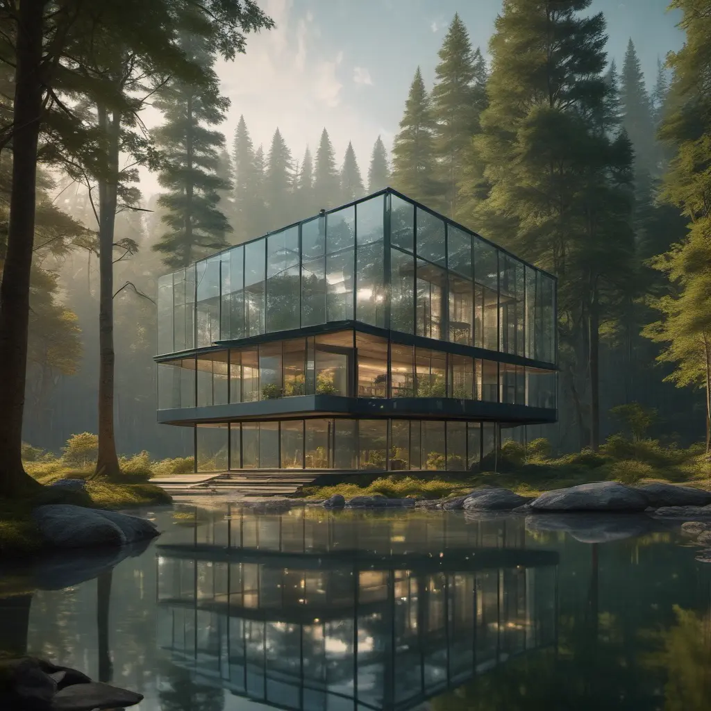 Beautiful futuristic architectural glass house in the forest on a large lake, 8k, Award-Winning, Highly Detailed, Beautiful, Epic, Octane Render, Unreal Engine, Radiant, Volumetric Lighting by Michael Eastman