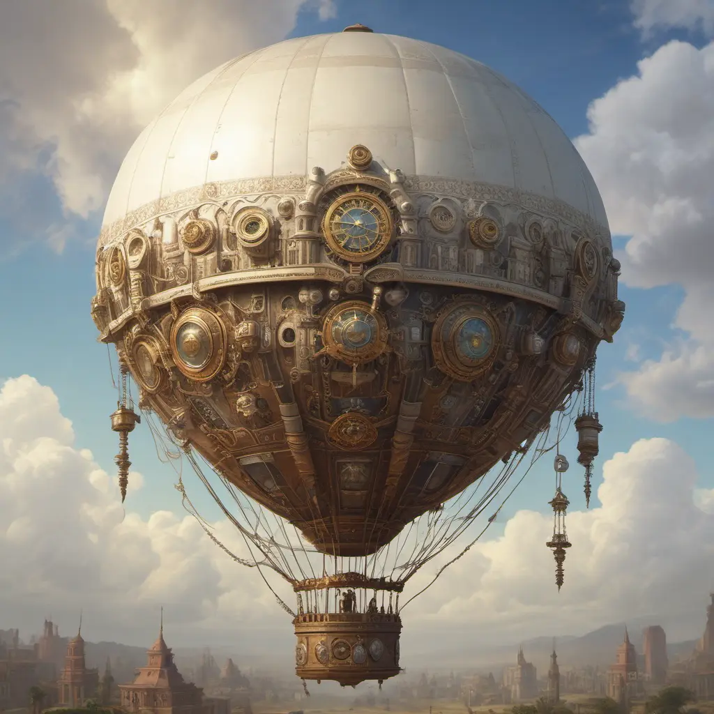 White steampunk hot air balloon with gears, Victorian style Ancient buildings, archeological ruins of lost civilizations and technology, Steampunk, Iridescence by Greg Rutkowski