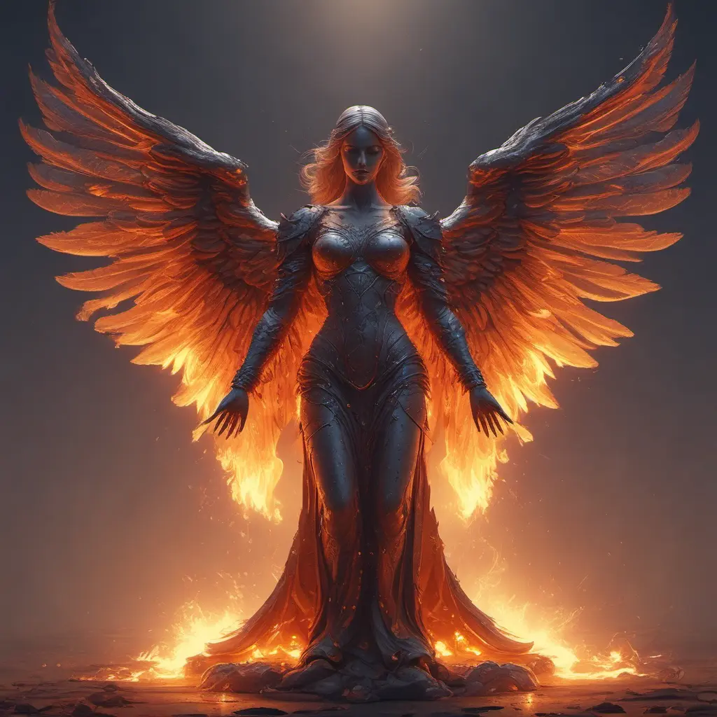 Angel with wings made of Fire, 8k, Stunning, Volumetric Lighting, Concept Art by Stefan Kostic