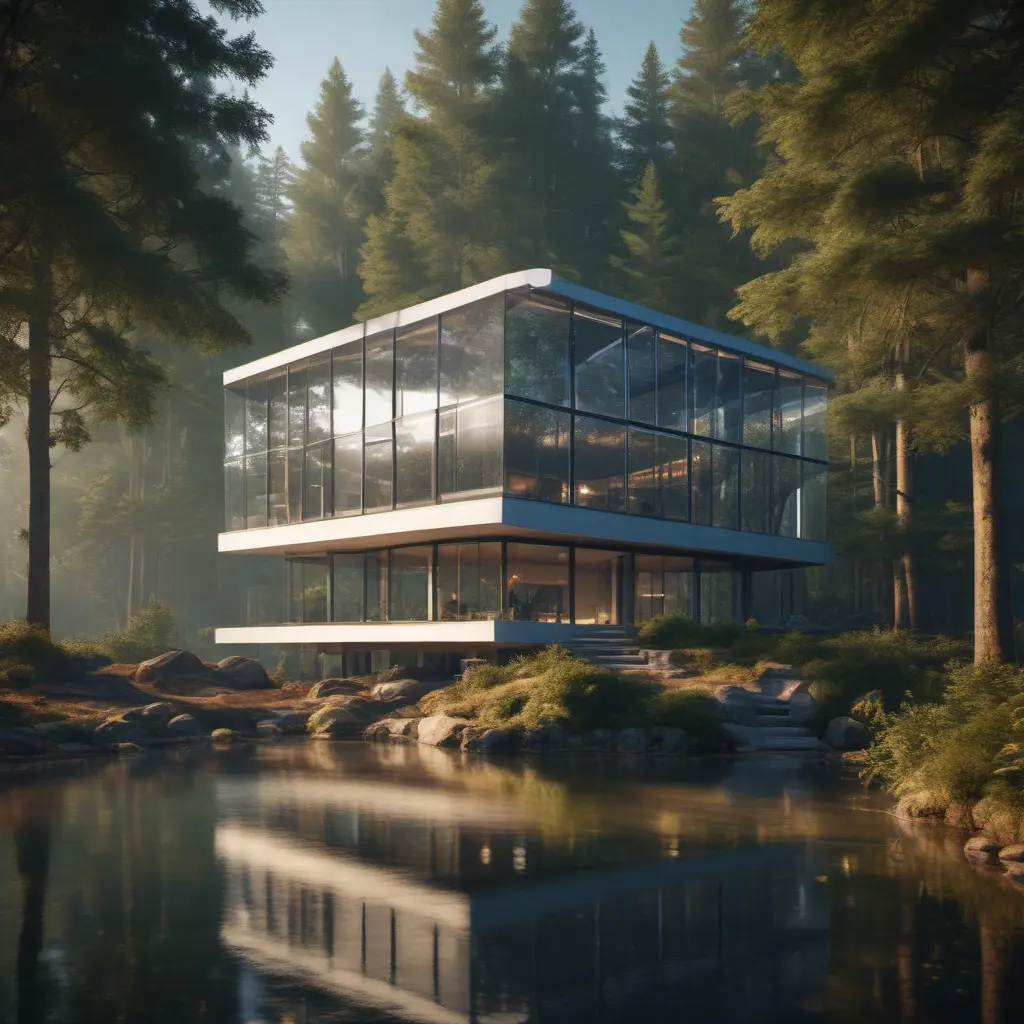 Beautiful futuristic architectural glass house in the forest on a large lake, 8k, Award-Winning, Highly Detailed, Beautiful, Epic, Octane Render, Unreal Engine, Radiant, Volumetric Lighting by Greg Rutkowski