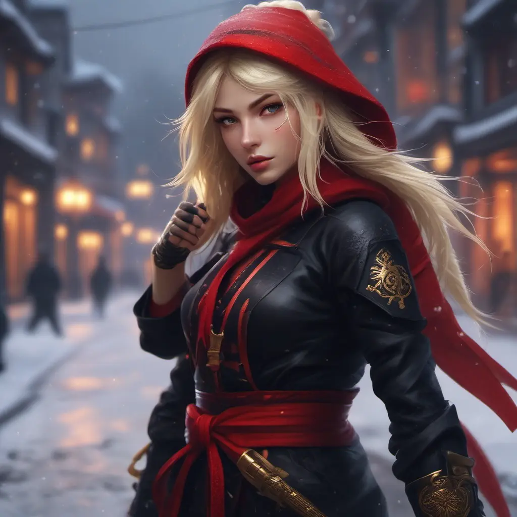 Mysterious beautiful kunoichi ninja wearing black, red and gold in the streets of a dark snowy town in russia, 8k, Intricate Details, Trending on Artstation, Blonde Hair by Stanley Artgerm Lau, WLOP