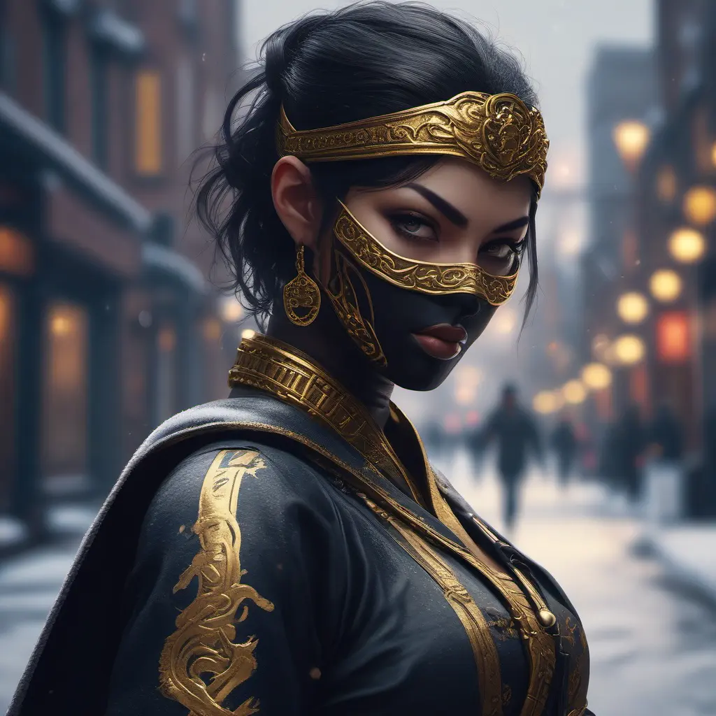 Wallpaper of a mysterious beautiful masked kunoichi ninja wearing eyeliner and gold jewelry in the streets of a dark snowy town in moscow, fluid motion, 8k, Intricate Details, Trending on Artstation, Beautiful, Stunning, Centered by Stanley Artgerm Lau, WLOP