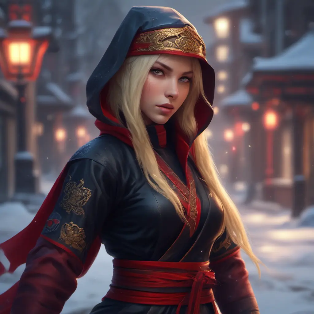 Mysterious beautiful kunoichi ninja wearing black, red and gold in the streets of a dark snowy town in russia, 8k, Intricate Details, Trending on Artstation, Blonde Hair by Stanley Artgerm Lau, WLOP