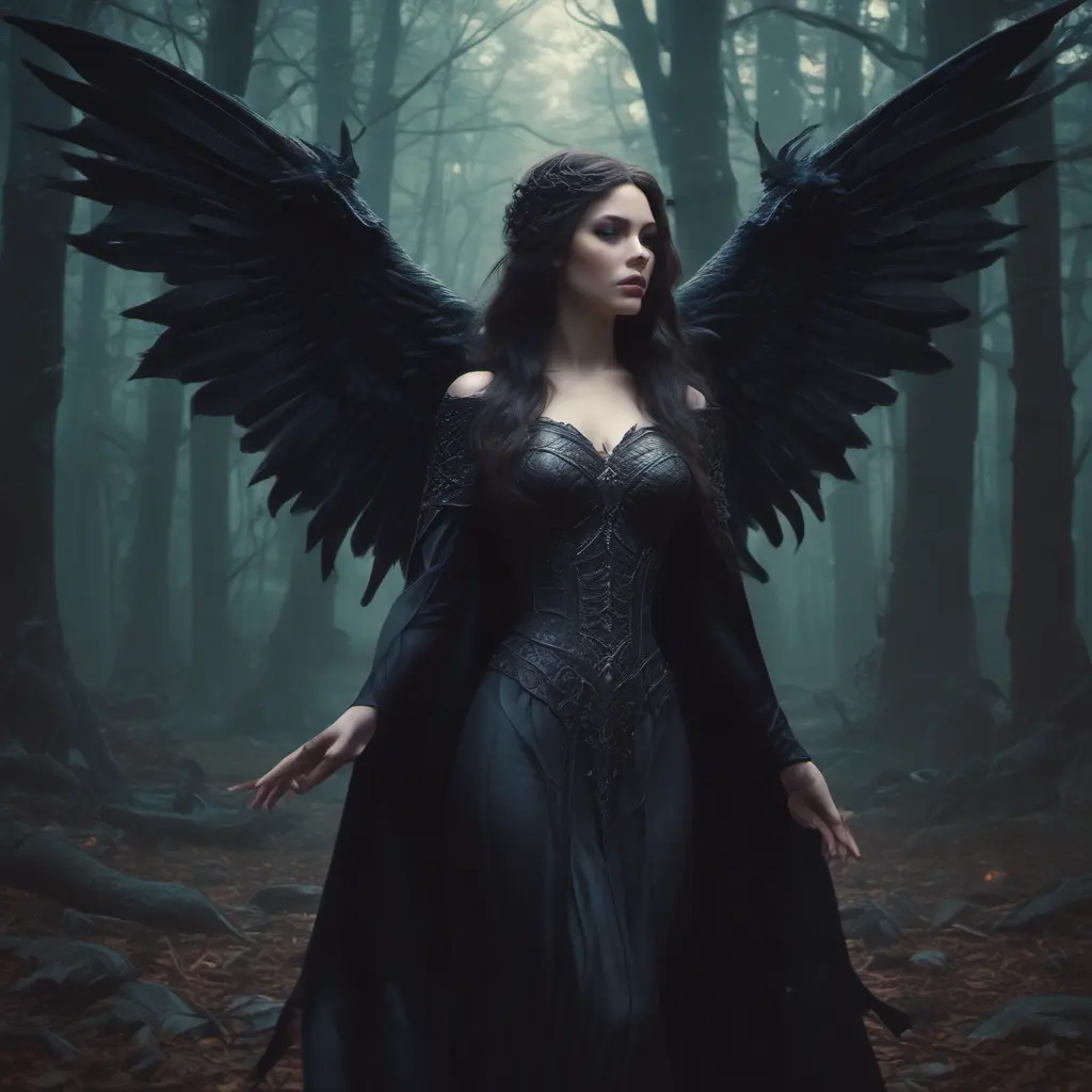 Winged vampiress in a haunted forest, Highly Detailed, Intricate, Gothic, Volumetric Lighting, Fantasy, Dark by Stanley Artgerm Lau