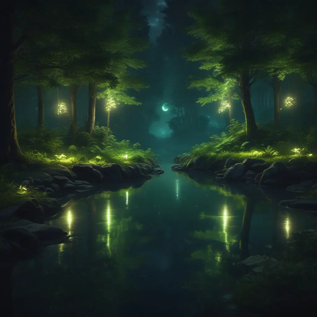 A magical pond in a fantasy forest with glowing green trees at night, 4k, HQ, Intricate, Artstation, Cinematic Lighting, Photo Realistic, Sharp Focus, Unreal Engine, Dark