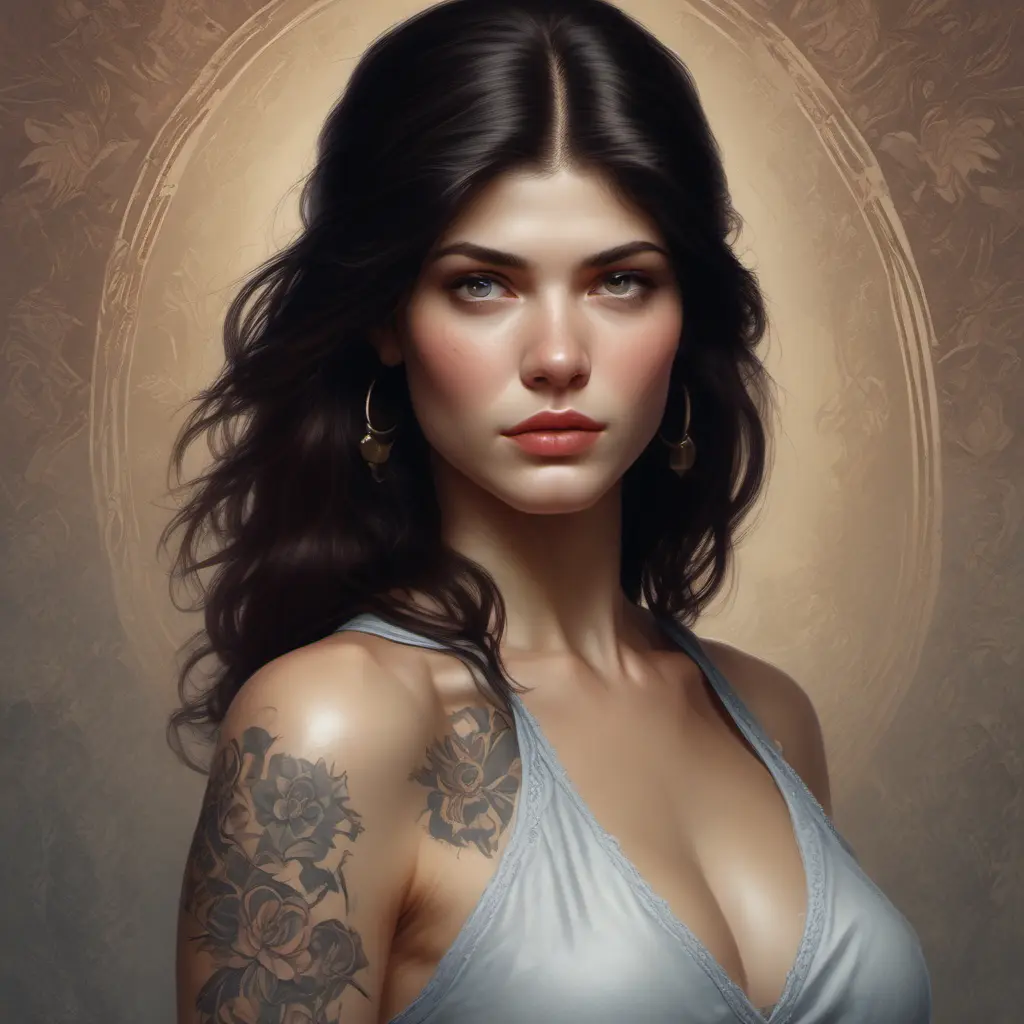 Matte portrait of Alexandra Daddario with tattoos, 8k, Highly Detailed, Powerful, Alluring, Artstation, Magical, Digital Painting, Photo Realistic, Sharp Focus, Volumetric Lighting, Concept Art by Stanley Artgerm Lau, Alphonse Mucha, Greg Rutkowski