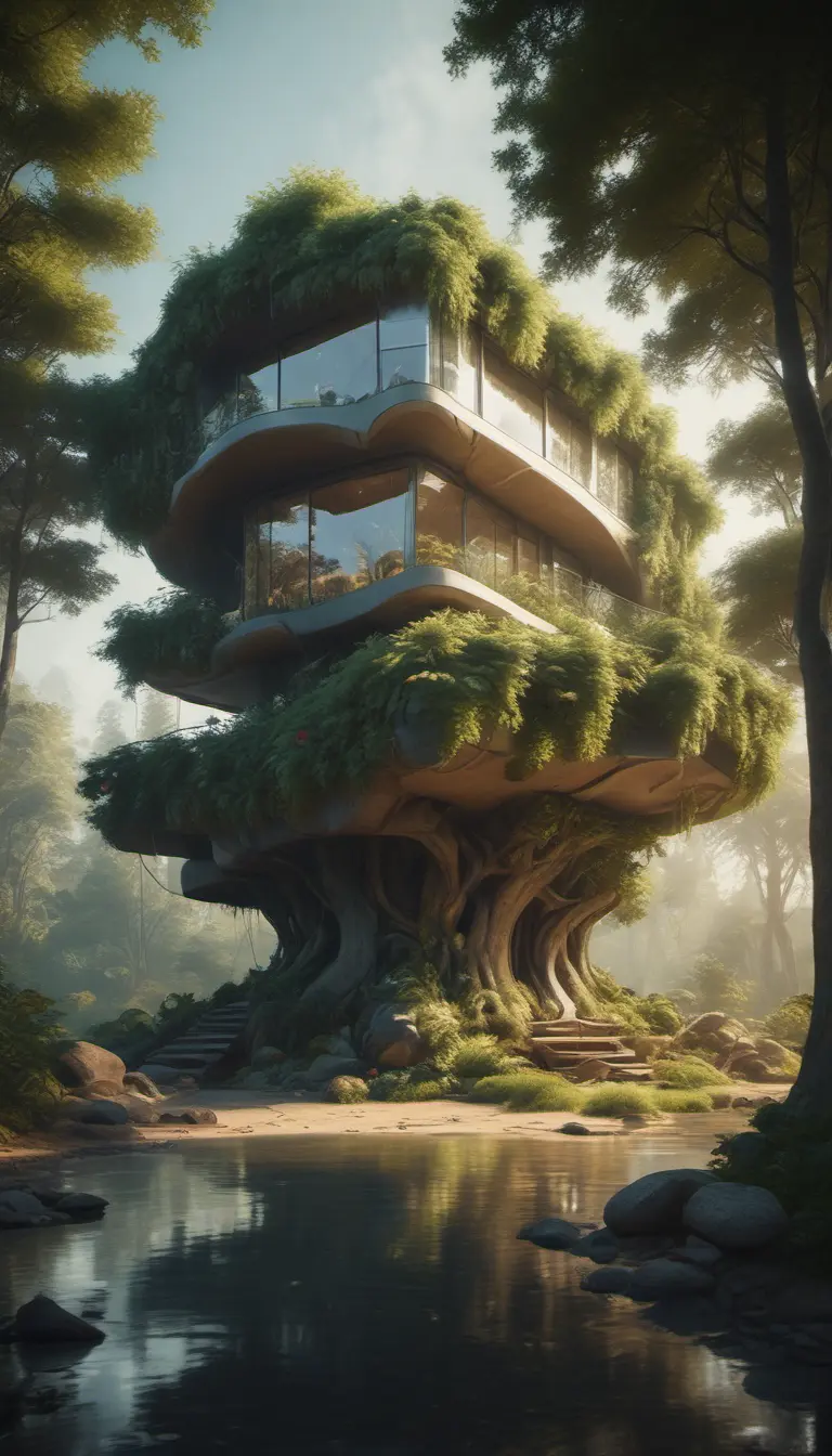 Beautiful futuristic organic house made from imaginary plants in a forest, 8k, Award-Winning, Highly Detailed, Beautiful, Epic, Octane Render, Unreal Engine, Radiant, Volumetric Lighting by WLOP