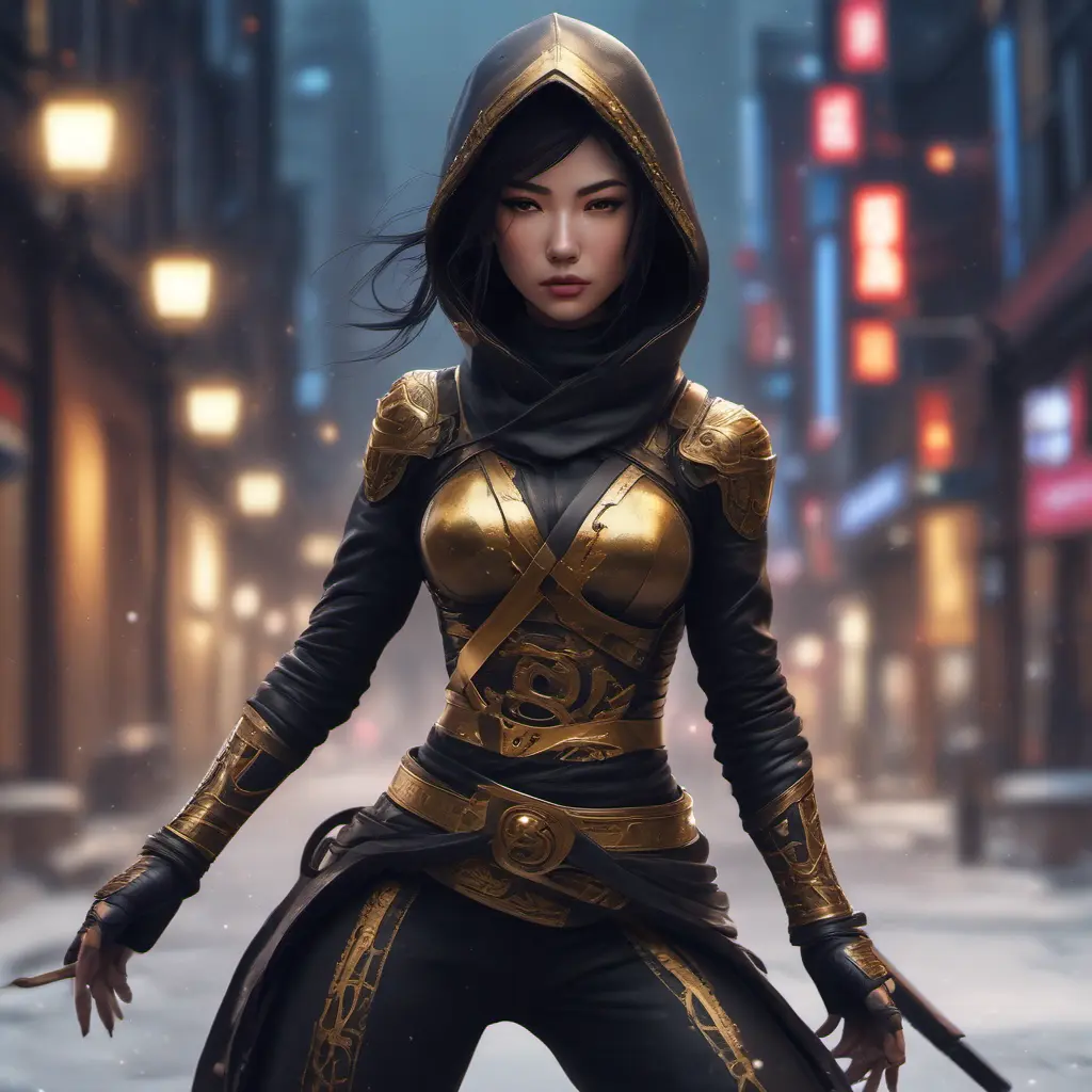 Mysterious beautiful armed kunoichi ninja wearing black and gold in the streets of dark snowy tokyo, 8k, Intricate Details, Trending on Artstation, Beautiful, Stunning, Centered by Stanley Artgerm Lau, WLOP