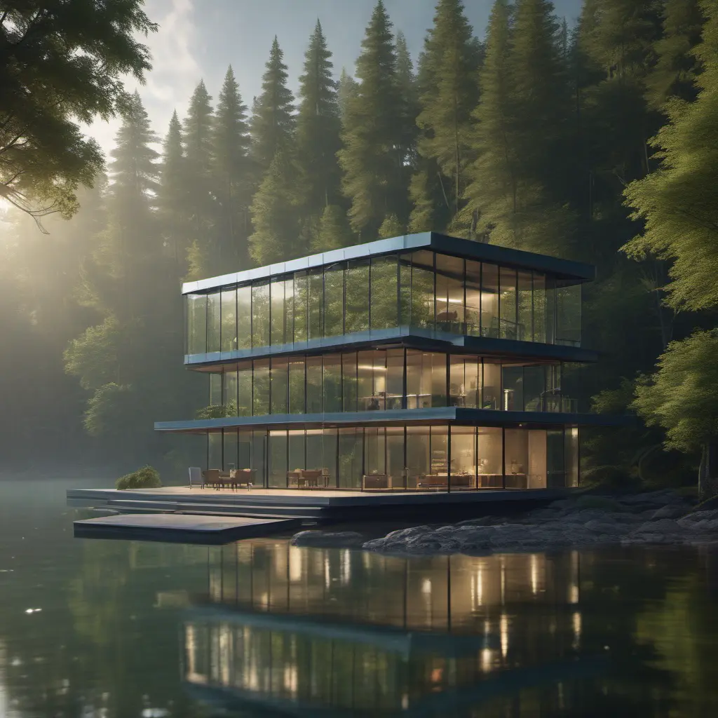 Beautiful futuristic architectural glass house in the forest on a large lake, 8k, Award-Winning, Highly Detailed, Beautiful, Epic, Octane Render, Unreal Engine, Radiant, Volumetric Lighting by Michael Eastman