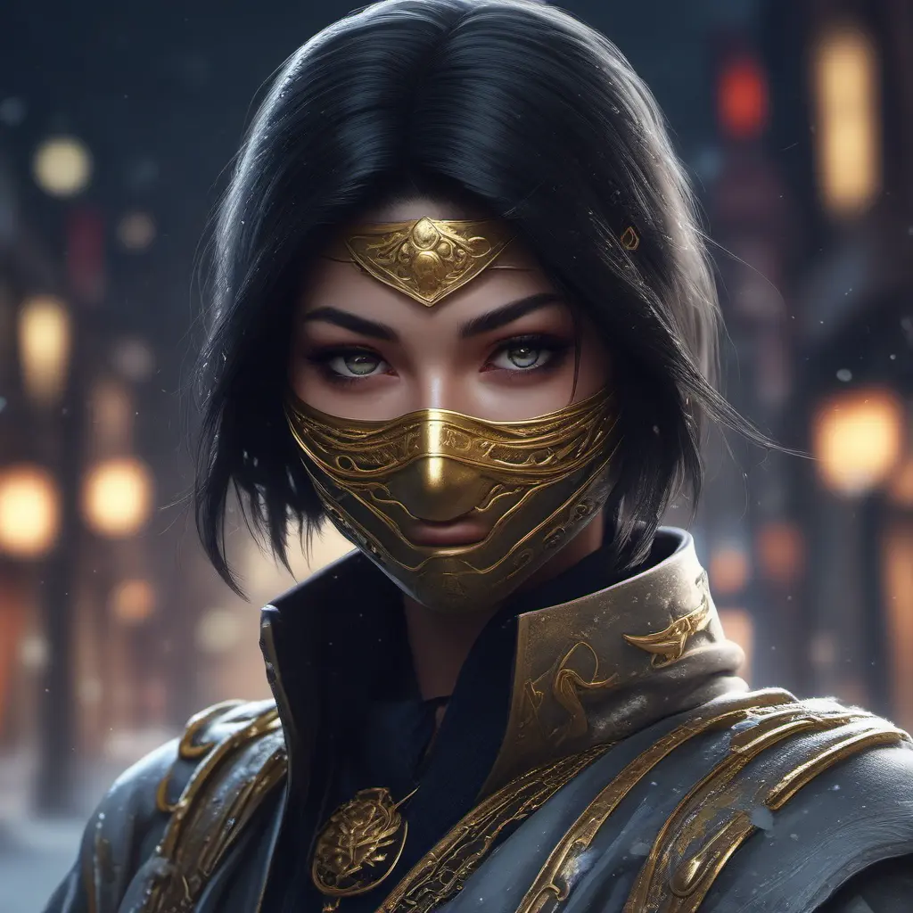 Wallpaper of a mysterious beautiful masked kunoichi ninja wearing eyeliner and gold jewelry in the streets of a dark snowy town in moscow, fluid motion, 8k, Intricate Details, Trending on Artstation, Beautiful, Stunning, Centered by Stanley Artgerm Lau, WLOP