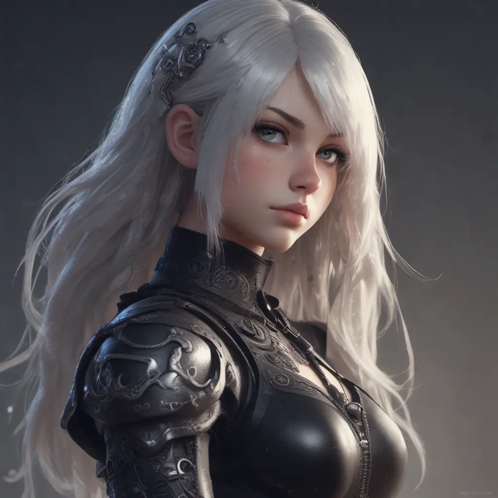 Alluring highly detailed matte portrait of a beautiful A2 from Nier Automata with shimmering hair in the style of Stefan Kostic, 8k, High Definition, Highly Detailed, Intricate, Half Body, Realistic, Sharp Focus, Fantasy, Elegant