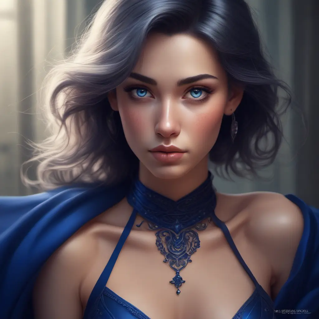 Alluring matte portrait of a beautiful A2 wearing dark blue, 8k, Highly Detailed, Intricate, Half Body, Realistic, Sharp Focus, Volumetric Lighting, Fantasy, Elegant by Stanley Artgerm Lau, WLOP, Stefan Kostic