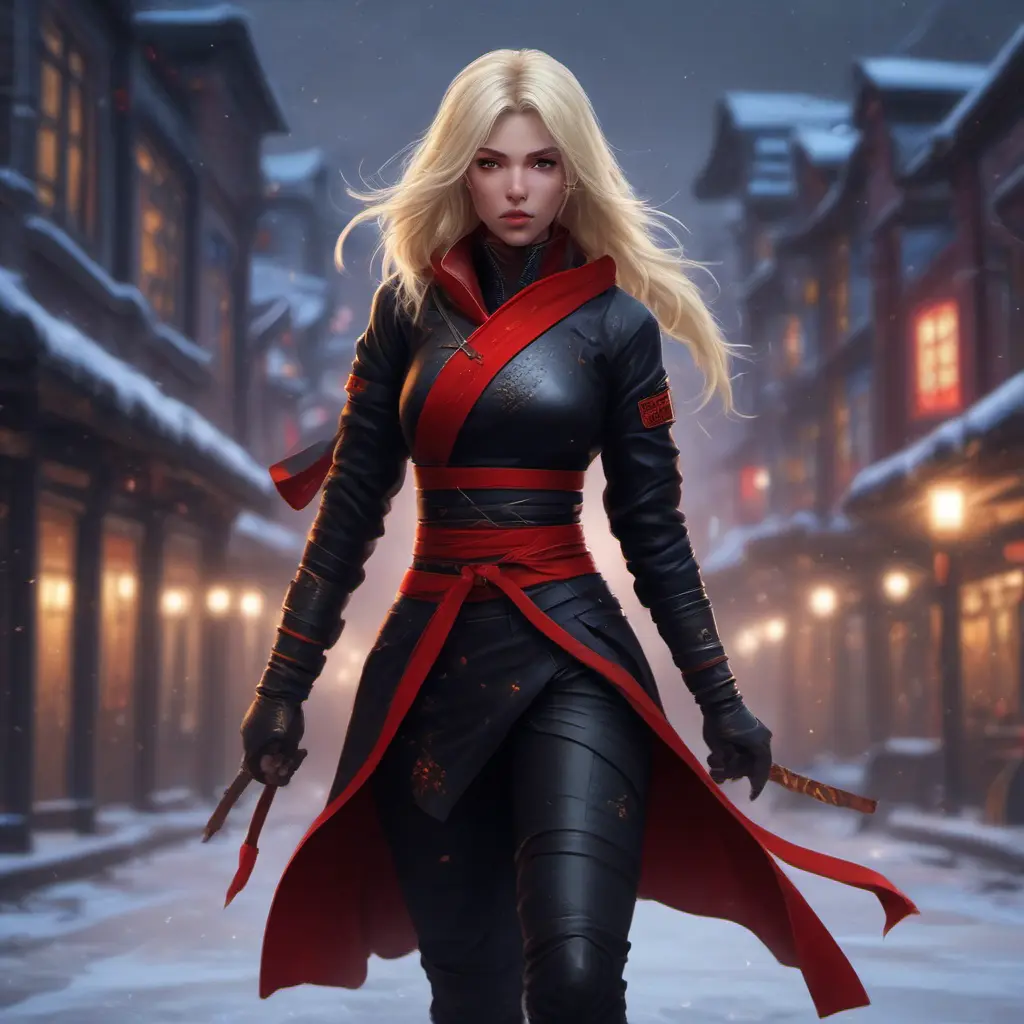 Mysterious beautiful kunoichi ninja wearing black, red and gold in the streets of a dark snowy town in russia, 8k, Intricate Details, Trending on Artstation, Blonde Hair by Stanley Artgerm Lau, WLOP