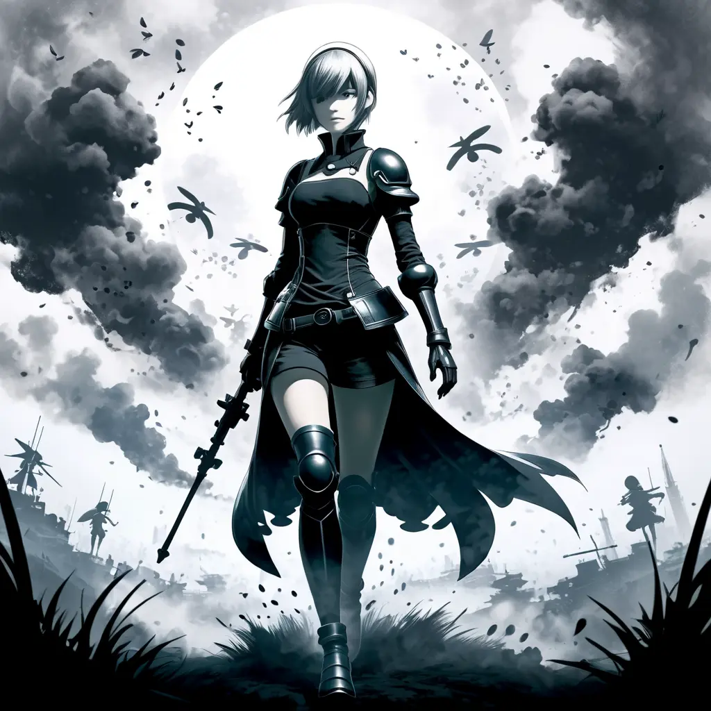 Silhouette of Nier Automata emerging from the fog of war, ink splash, Highly Detailed, Vibrant Colors, Ink Art, Fantasy, Dark by Stanley Artgerm Lau