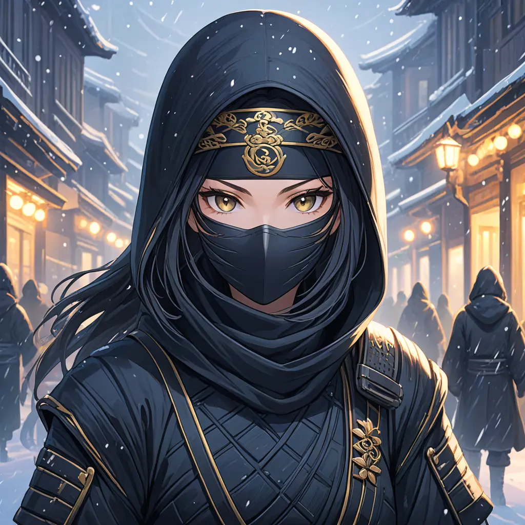 Wallpaper of a mysterious beautiful masked kunoichi ninja wearing eyeliner and gold jewelry in the streets of a dark snowy town in moscow, fluid motion, 8k, Intricate Details, Trending on Artstation, Beautiful, Stunning, Centered by Stanley Artgerm Lau, WLOP