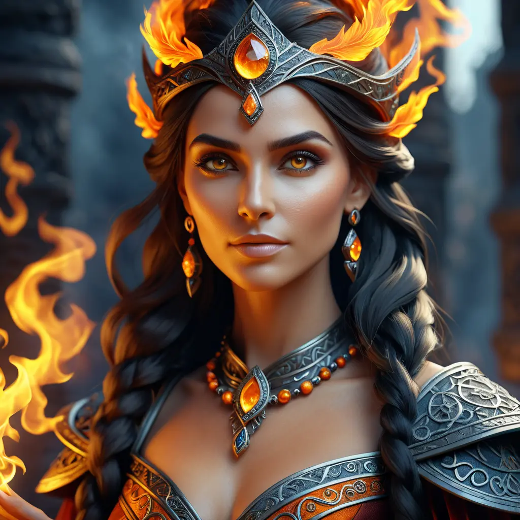 Alluring highly detailed matte portrait of a beautiful fire sorceress in the style of Stefan Kostic, 8k, High Definition, Highly Detailed, Intricate, Half Body, Realistic, Sharp Focus, Fantasy, Elegant