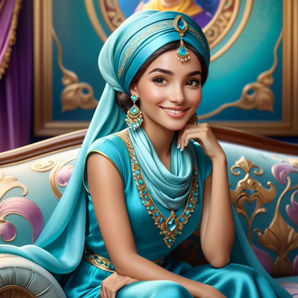 Fashion Illustration Style, A Woman in a headscarf Sitting on a sofa on a fairy-tale Background, Smiling like a Fairy Queen, Princess Jasmine, Photorealistic Disney, Disney Photos are Realistic, Princess Portrait, Disney-style Art, Beautiful Genie Girl, Disney Rendering, Disney Animation Style, Isabella Moner, Ivan Talavera Style and Artgerm, portrait of the Disney Veta, 8k, Highly Detailed, Intricate, Realistic, Sharp Focus, Volumetric Lighting, Fantasy, Elegant by Stanley Artgerm Lau, Alphonse Mucha, WLOP, Stefan Kostic