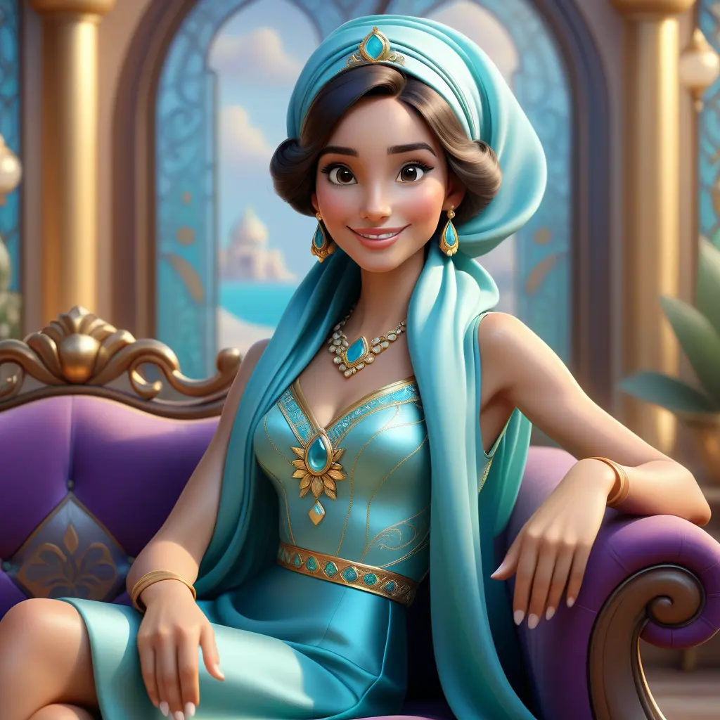 Fashion Illustration Style, A Woman in a headscarf Sitting on a sofa on a fairy-tale Background, Smiling like a Fairy Queen, Princess Jasmine, Photorealistic Disney, Disney Photos are Realistic, Princess Portrait, Disney-style Art, Beautiful Genie Girl, Disney Rendering, Disney Animation Style, Isabella Moner, Ivan Talavera Style and Artgerm, portrait of the Disney Veta, 8k, Highly Detailed, Intricate, Realistic, Sharp Focus, Volumetric Lighting, Fantasy, Elegant by Stanley Artgerm Lau, Alphonse Mucha, WLOP, Stefan Kostic